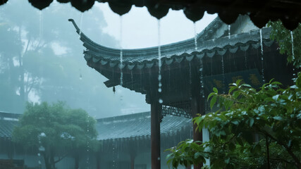 Great Heat solar term Jiangnan ancient town in the rain eaves Zen background