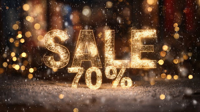 Golden Glowing Sale Seventy Percent Discount Banner with Sparkling Bokeh Effect and Luxury Dark Background Design