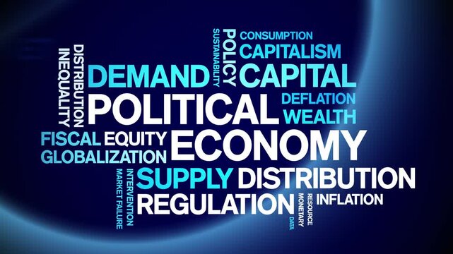 Political Economy animated word cloud-text design animation tag kinetic typography seamless loop.