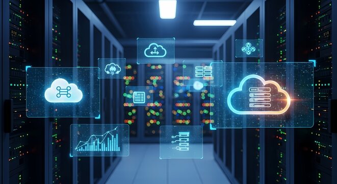 Modern data center visualization with cloud computing icons glowing in a server room for cutting-edge technology solutions and secure network infrastructure