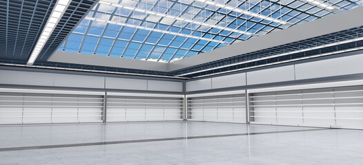Supermarket interior mockup with empty shelves along the walls and clear roof overlooking the blue cloudy sky. 3d illustration