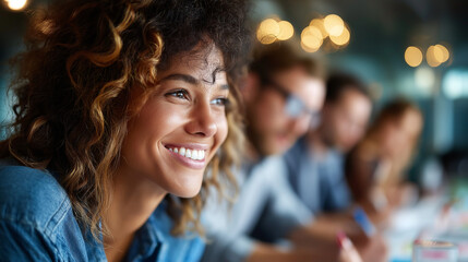 Happy young business team planning strategy while working at the modern office together, under soft office light, showcasing collaborative energy and vibrant setting, serene workpl