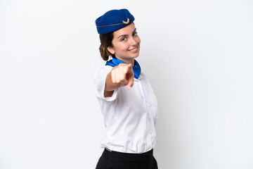 Airplane stewardess caucasian woman isolated on white background points finger at you with a confident expression