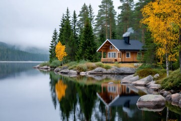 Obraz premium Wooden log cabin by a lake reflecting autumn colors