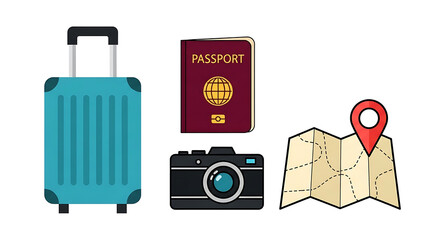Travel Essentials Suitcase, Passport, Camera, and Map with Location Marker for Adventures