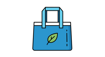 Flat design illustration of a blue reusable shopping bag with a green leaf on a white background.