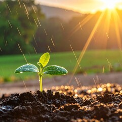 Vibrant green seedling watered by golden rain under a warm sunset light.