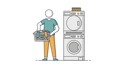 Line drawing of a person holding a laundry basket next to stacked washer and dryer