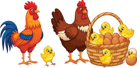 Cartoon rooster hen chicks illustration, farm animals with eggs in basket, happy family poultry concept, cute baby chickens hatching scene