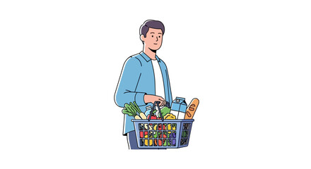 Illustration of a man holding a shopping basket filled with groceries on a white background