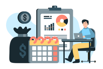 Man Analyzing Financial Data with Laptop Bag of Coins Calendar and Chart with Bar Graph and Donut Chart in Transparent Background