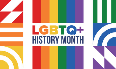 LGBTQ+ history month. Pride Month. Lesbian Gay Bisexual Transgender. Celebrated annual. LGBT flag. Rainbow love concept. Human rights and tolerance. Poster, card, banner and background. Vector