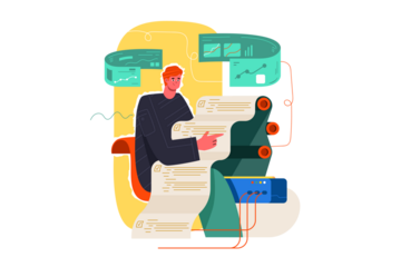 Man Analyzing Chart and Data on Long Scroll Over White Background