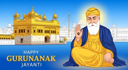 Illustration of Guru Nanak Dev Ji seated with blessing hand gesture in front of Golden Temple Amritsar, spiritual artwork for Happy Guru Nanak Jayanti Sikh festival celebration
