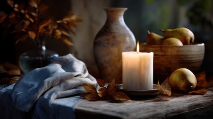 Fototapeta premium A candle is lit on an old wooden table, with autumn leaves and pears in a bowl. A soft blue cloth lies next to the waxy flickering flame, creating a pleasant atmosphere of relaxation and comfort. 