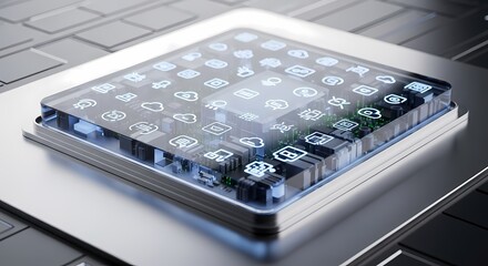 Modern computer chip with futuristic glowing social media icons showcasing innovative technology and connectivity in a sleek tech hardware design concept