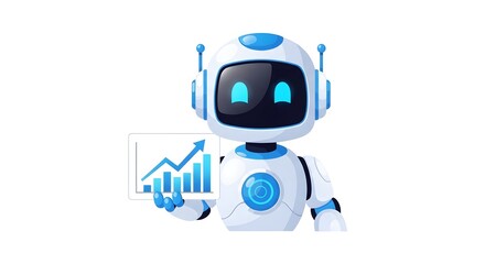 Fototapeta premium A cheerful cartoon robot showcasing data insights, emphasizing analytics and progress, ideal for business and technology themes with visual data representation