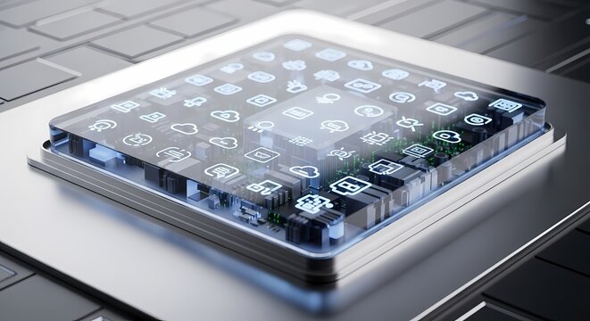 Modern computer chip with futuristic glowing social media icons showcasing innovative technology and connectivity in a sleek tech hardware design concept