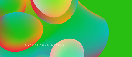 Abstract colorful shapes overlap vibrant green backdrop. Smooth gradients create fluid modern design. Background suggests energy, movement.