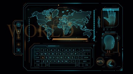 Futuristic HUD Interface: Global Data Analysis, Hand Scan, and Keyboard Input - Powered by Adobe