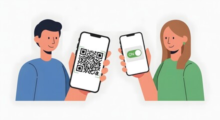 Illustration showcasing a person scanning a QR code on a smartphone, along with another smartphone displaying an on/off switch, emphasizing the concepts of technology and digital interaction