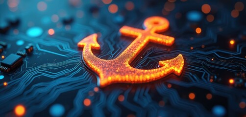 Glowing orange anchor on blue circuit board background. Neon orange anchor symbol on digital motherboard. Tech, maritime fusion concept. Orange anchor on blue electronic circuit board. Modern