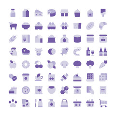 Grocery store flat icons. Colorful supermarket food icons.