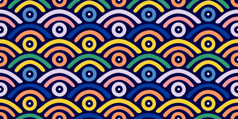 Colorful abstract wavy pattern with concentric circles on dark blue background