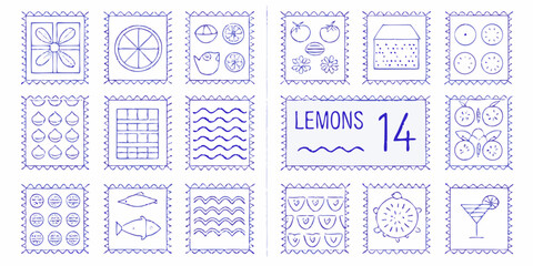 Collection of hand drawn blue ink stamps featuring lemons and various objects on white background