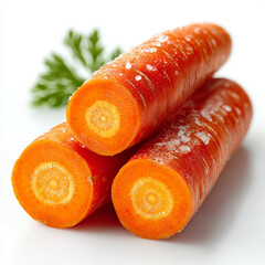 Close up of three cut carrots stacked with salt and a parsley leaf on a white background surface