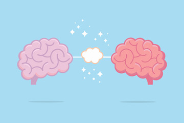 Two cartoon brains connected by a thought cloud and sparkling stars symbolizing communication and ideas