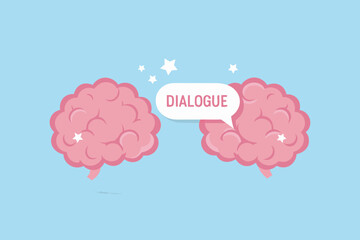 Two pink brains communicating through a dialogue speech bubble with stars on a light blue background