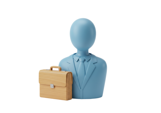 Light blue faceless businessman with briefcase isolated PNG, 3D rendering of a professional figure