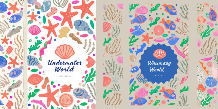 Whimsical underwater world illustration with colorful marine life and seashells