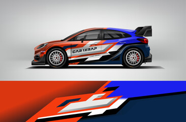Editable vector EPS car wrap featuring orange and blue dynamic bolt design. Modern rally livery with bold diagonal shapes and contrast motion flow.