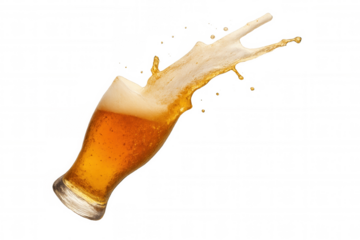 Beer splashing from glass, flying liquid creating dynamic motion, refreshing golden ale on transparent background