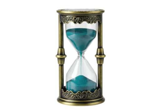 Vintage hourglass with blue sand isolated PNG, time management and deadline concept
