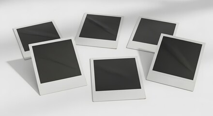 A scattered collection of blank instant photo frames resting on a bright white background, providing a pristine canvas for future memories and creative concepts, perfect for nostalgic display