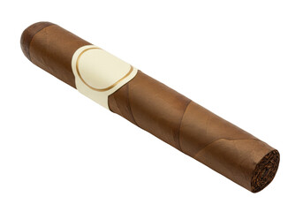 Hand rolled cigar isolated PNG, brown tobacco product with blank label on transparent background