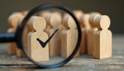 Fototapeta premium Wooden figures are in a line. Magnifying glass inspects one figure with check mark. Concept of careful candidate selection for hiring or approval.