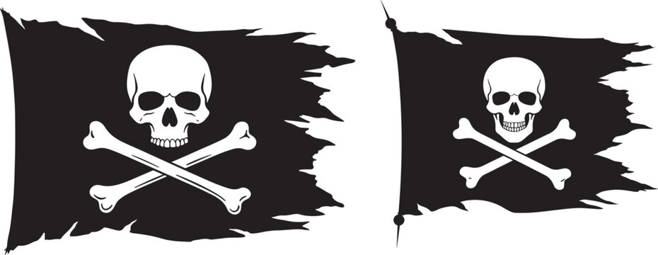 Two tattered pirate flags skull and crossbones silhouette