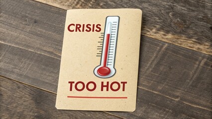 Thermometer icon rising toward crisis point on a wooden surface