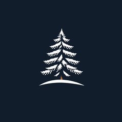 Fototapeta premium Stylized white evergreen tree on a curved white base against a dark blue background, creating a minimalist design.