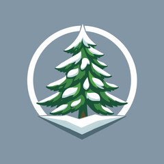 Cartoon illustration of a green Christmas tree covered in snow, framed by a white circle and diamond shape.