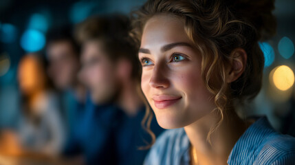 Group of young people discussing business together while having meeting in the office, under gentle office light, highlighting collaborative spirit and engaged expressions, serene 