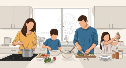Family is happily cooking together in modern kitchen, preparing healthy meal with fresh ingredients, promoting family bonding and healthy eating