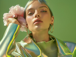 Stylish woman with mint-colored hair and large hoops holds a pale pink flower, wearing iridescent outerwear. Contemporary glam meets botanical styling.