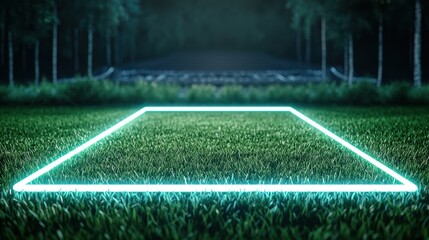 neon sports Soccer Field Vibrant neon green soccer field lines glowing on a dark pitch, futuristic stadium in the background, dramatic lighting emphasizes the field markings