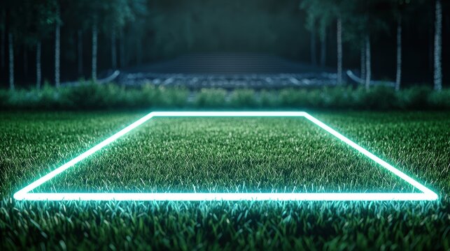 neon sports Soccer Field Vibrant neon green soccer field lines glowing on a dark pitch, futuristic stadium in the background, dramatic lighting emphasizes the field markings