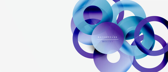 Abstract design features overlapping circles, vibrant blue, purple hues. Modern background with gradient effects, simple text elements.